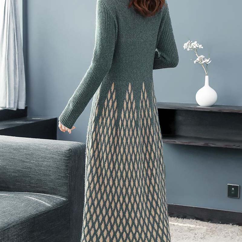 Dress for Woman Cotton Winter Warm Round Neck Long Sleeve Vintage Casual Printed Long Stretch Knit Sweater Dresses