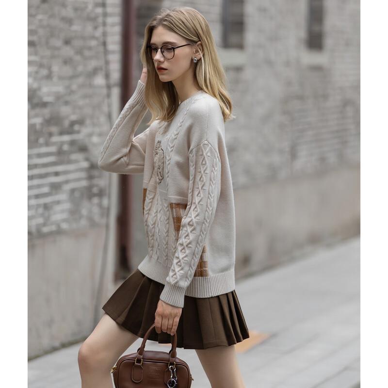 TonLion Women's Fall/Winter Round Neck Patchwork Embroidered Sweater