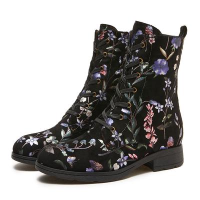 Echtes Leder, exquisite bedruckte Stiefeletten, Damenschuhe, Ethno-Stil, handgefertigt, kurze Stiefel mit runder Zehenpartie