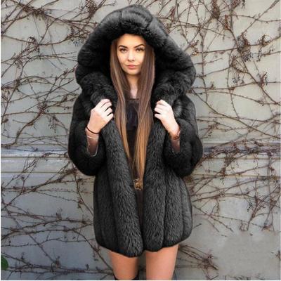 Sonbahar ve Kış Tilki Saç Taklit Kürk Kadın Moda Kapşonlu Eğlence Dikiş Orta Uzun Ceket