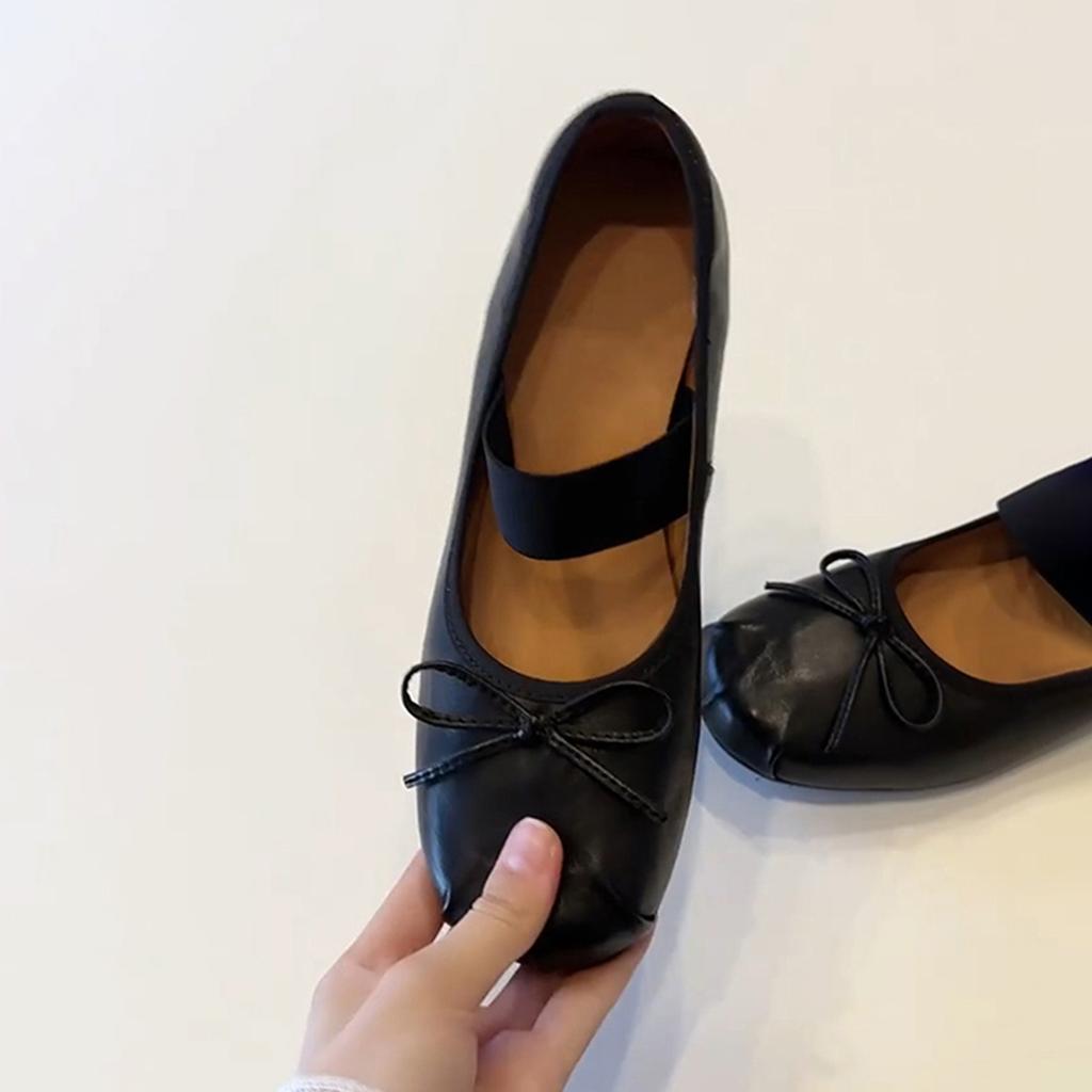 Sheepskin version~ retro bow ballet shoes women's niche one-word thick heel single shoes round head shallow mouth Mary Jane shoes