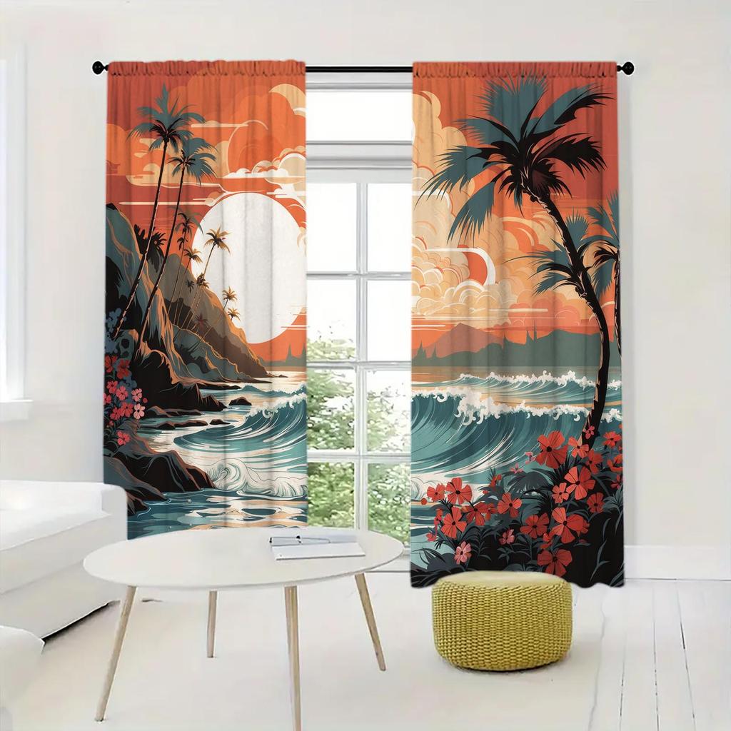 2pcs Coastal Coconut Tree Sunset Landscape Illustration Curtains   Suitable for Decorating Various Rooms