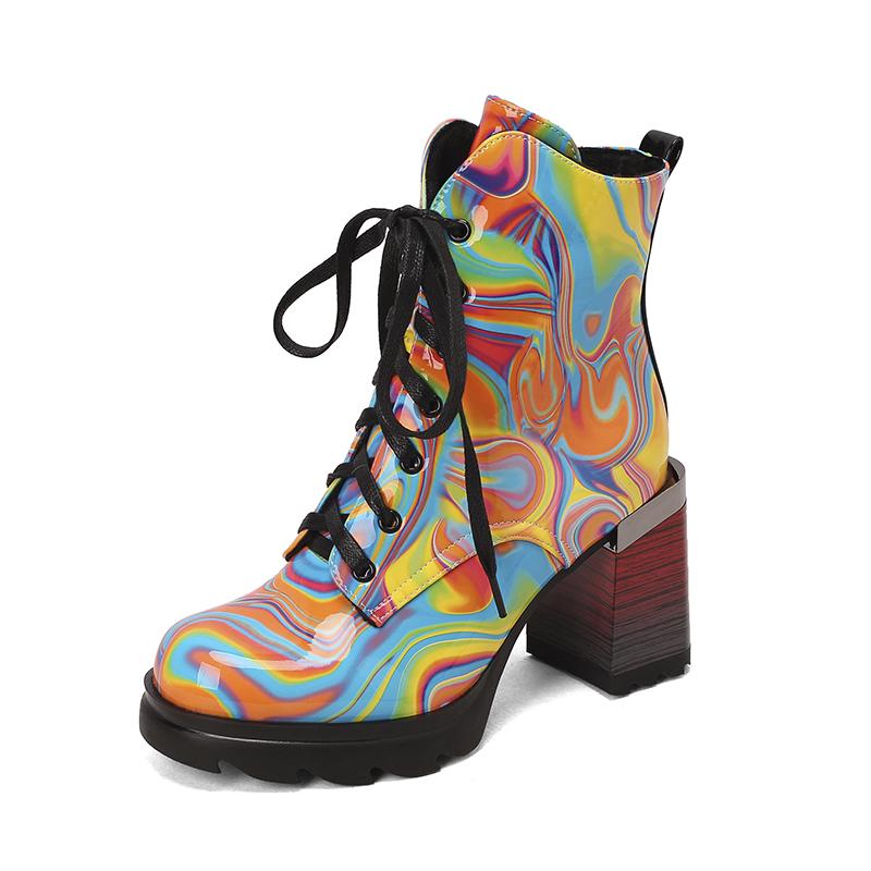 

Plus Size Super High Wood Grain Thick Heel Gradient Print Shoes Love Decal Boots Multicolored Lace Up Women s Ankle Boots 34