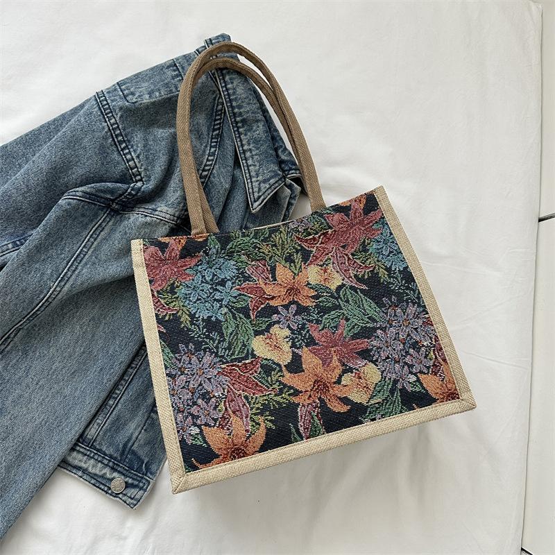 Linen Button Vintage Handbag Women Tote Large Capacity Grocery Bag Gift Bag Beach Organizer Portable Shopping Lunch Bag Retro