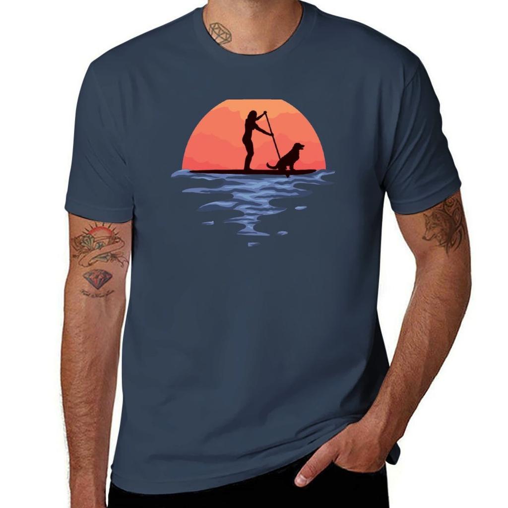 Sunset Stand Up Paddle Dog And Girl T-Shirt Lightweight Running Sports T-Shirt