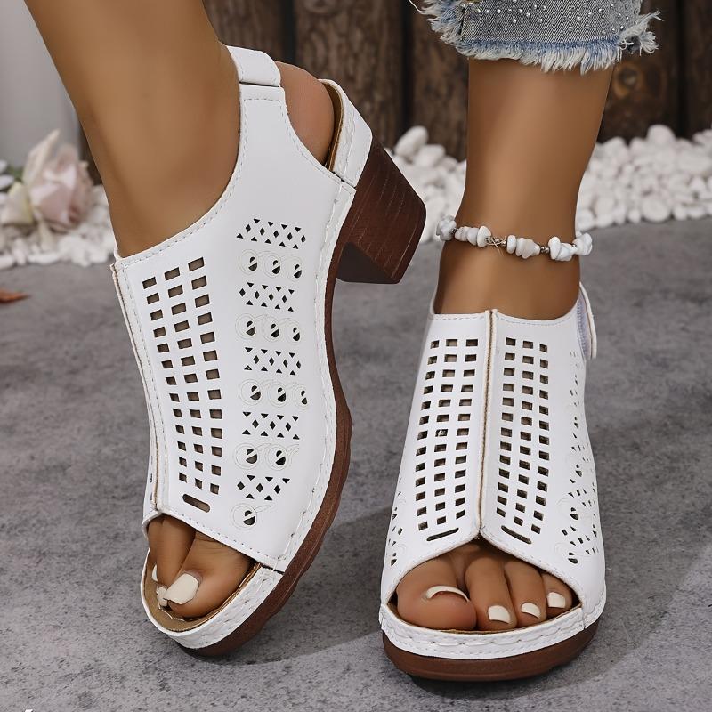 Moda de Verão Feminina Salto Alto, Sandálias de Tamanho Grande Cor Sólida Bico Aberto, Sapatos com Tira Traseira Ajustável e Design Escavado