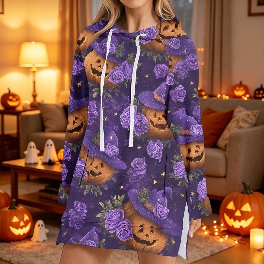 Women's Casual Long Sleeve Halloween Print Hoodie Pullover Top for Fall Festive Wear
