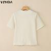 VONDA Elegant Women Short Sleeve Furry Hem Buttons Down Texture Casual Blouse