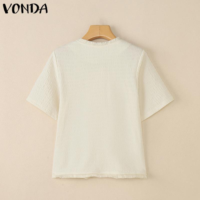 VONDA Elegant Women Short Sleeve Furry Hem Buttons Down Texture Casual Blouse