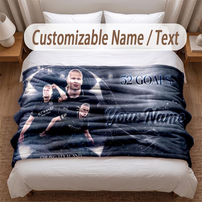 Erling Haaland Printed Flannel Blanket Custom Name Text Soft Warm Throw For Bedroom Holiday Gift