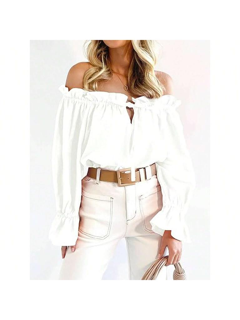 Damen Schulterfrei Bluse Langarm Rüschen Tunika Top Elegant Lässig