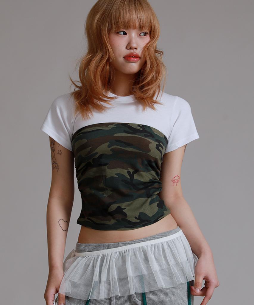 LIKE THE MOST Shirred Half Camo Point Short Sleeve T-Shirt_White