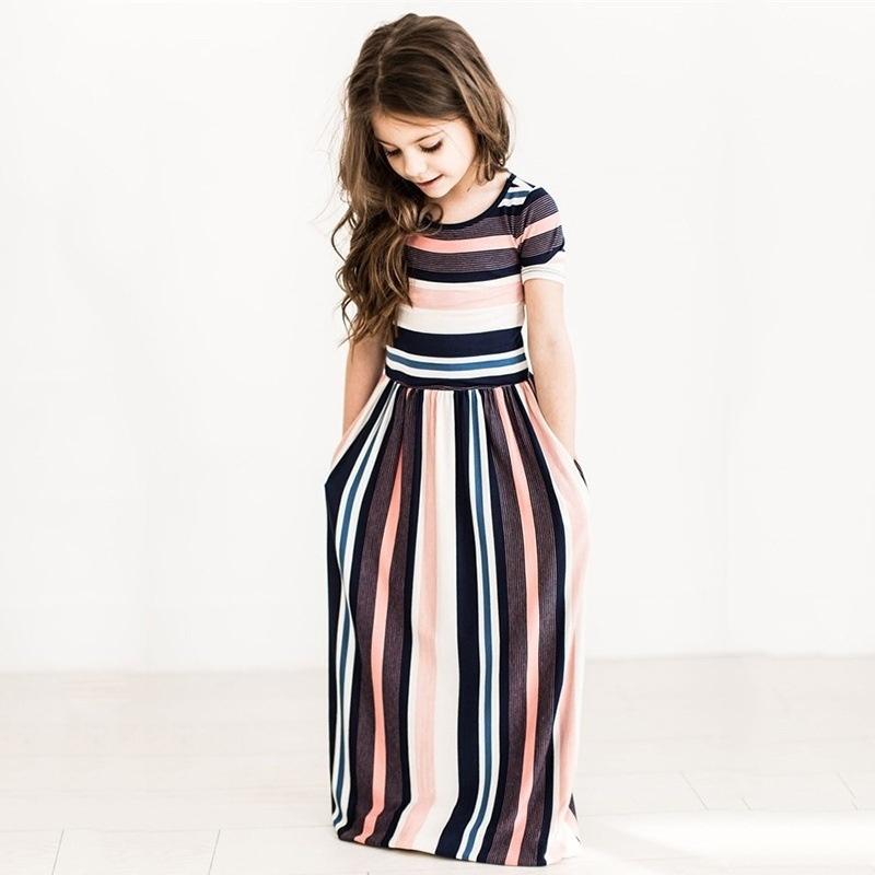 Fashion Rainbow Stripe Children Kids Girls Maxi Dress Short Sleeve Summer Long Beach Dress 1-7Y