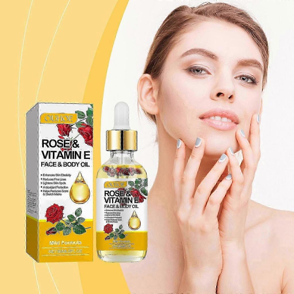 Rose & Vitamin E Oil for Face & Body, Hydrating, Anti-Wrinkles, Reduce Fine Lines & Spots, Natural Rose Essential Oil for Scars, Stretch Mark