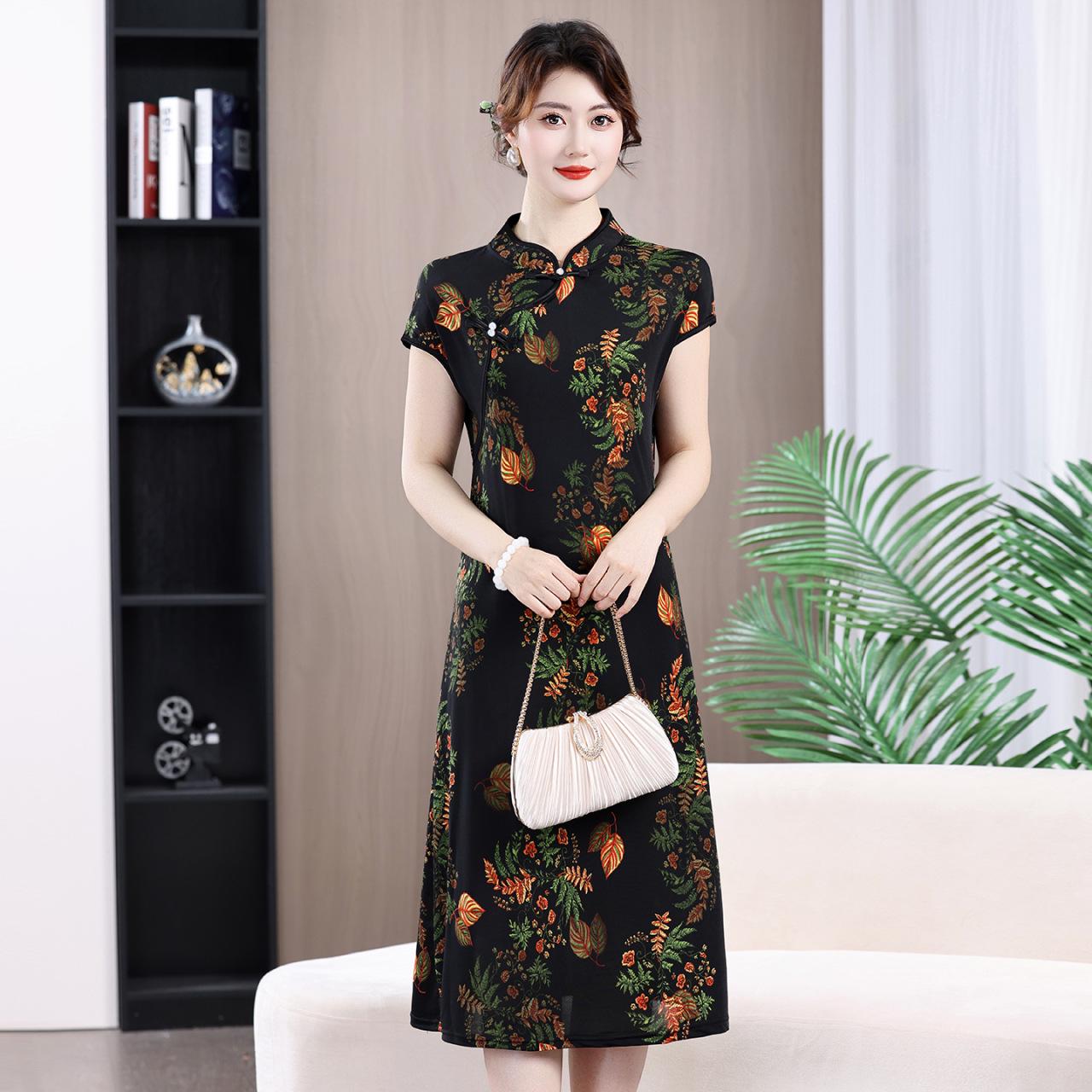 

2026 Spring/Summer Elegant Slimming Short-Sleeve Stand Collar Dress for Middle-Aged and Elderly Women 6XL 150-160 lbs