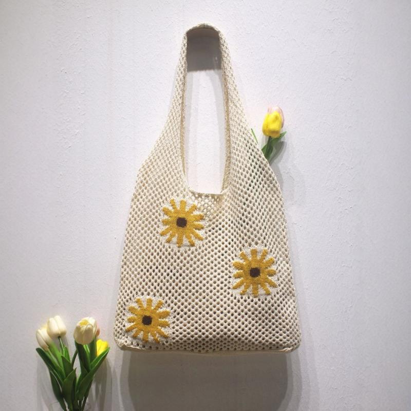Shoulder Bag For Women Spring Summer Flowers Print Knitted Tote Bag Lightweight Travel Crochet Bag Flower Shopper Bag