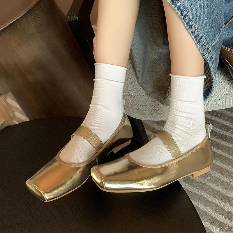 Leather Retro 2025 New One-word Elastic Band Square Head Shallow Mouth Ballet Shoes Flat Single Shoes Women