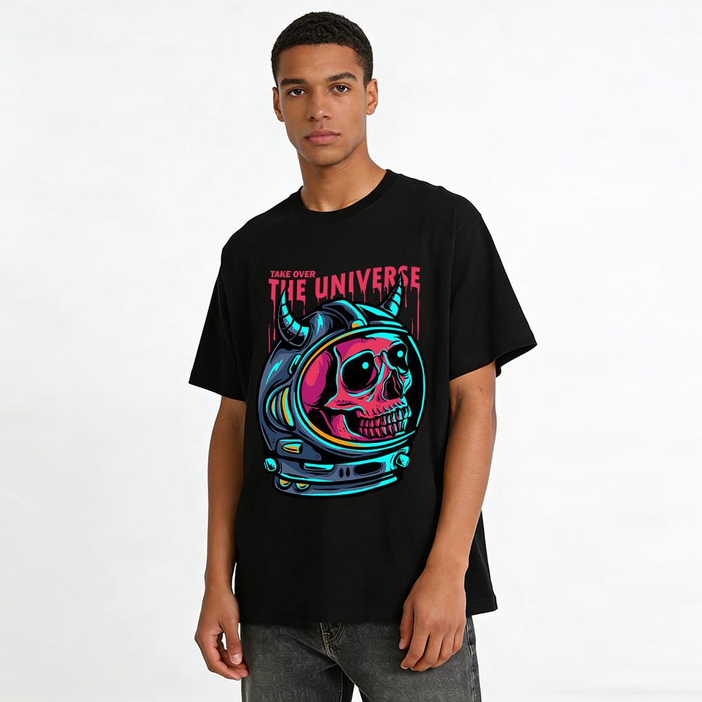 Skull Horn Astronaut Helmet Print Cool Take Over The Universe Top Pure cotton T-shirt