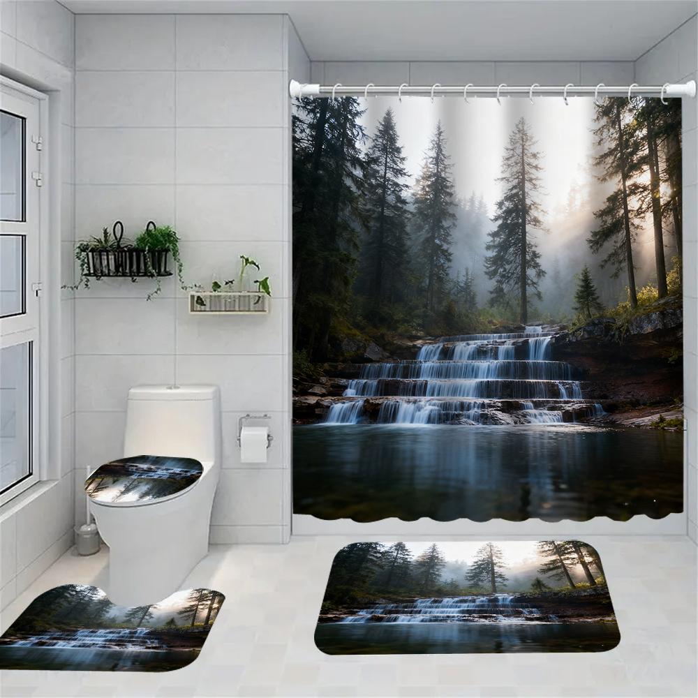 1/4 Forest Waterfalls  Print Shower Curtains, Toilet Seat Decoration, Shower Curtain with Carpet and Toilet Lid, 70.8x70.8 Inch