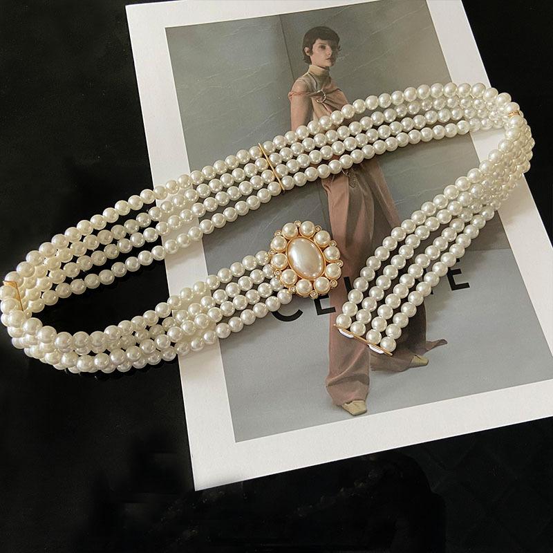 Pearl Belt Women'S, Decorative Women'S Waist Chain Simple Rhinestone Beaded Elastic Waist Seal