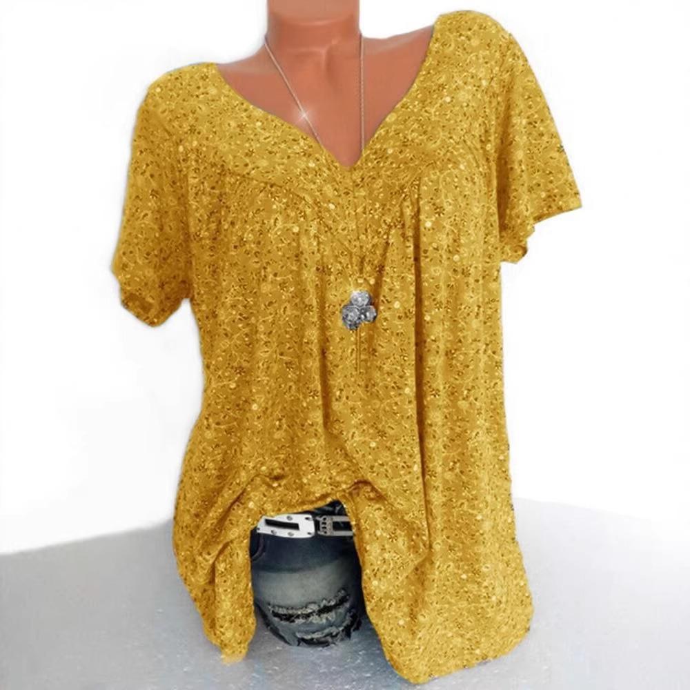 Women's V Neck Short Sleeve Tunic Top Loose Fit Casual Ditsy Floral Print Plus Size Summer Daily Blouse