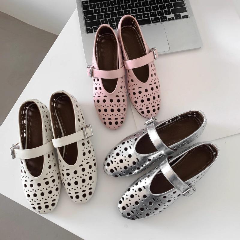 Mary Jane single shoes women's 2025 spring and summer new round head breathable casual versatile height increase one-word buckle hollow ballet shoes