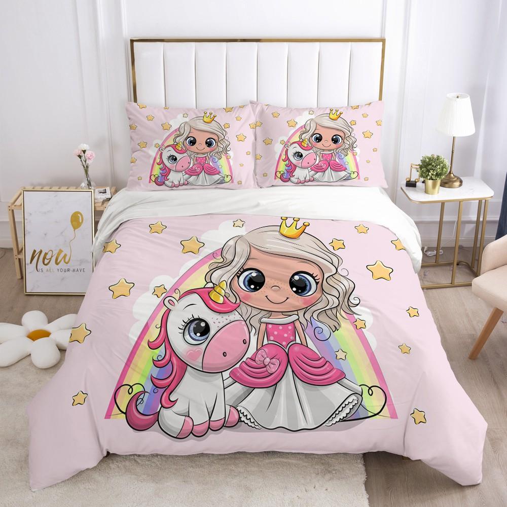 Children Kids Baby Pink Bedding Set Queen King Cartoon Unicorn White Duvet Cover Twin Full Colorful 2/3pcs Polyester Quilt Cover