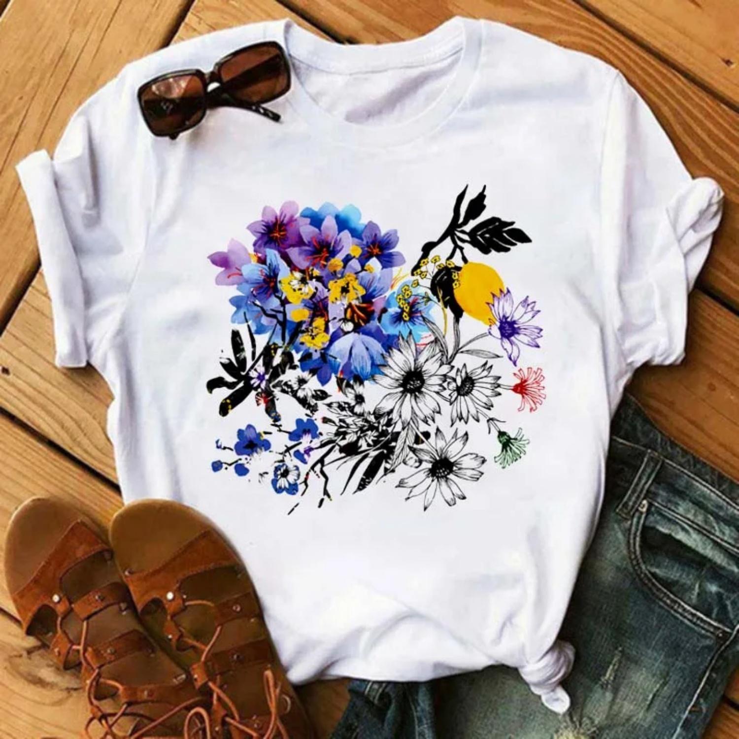 

A Fashionable Summer Casual Women s T-shirt with Floral Pattern Prints Women Clothes Aesthetic Clothes Tops XXXXXL білий