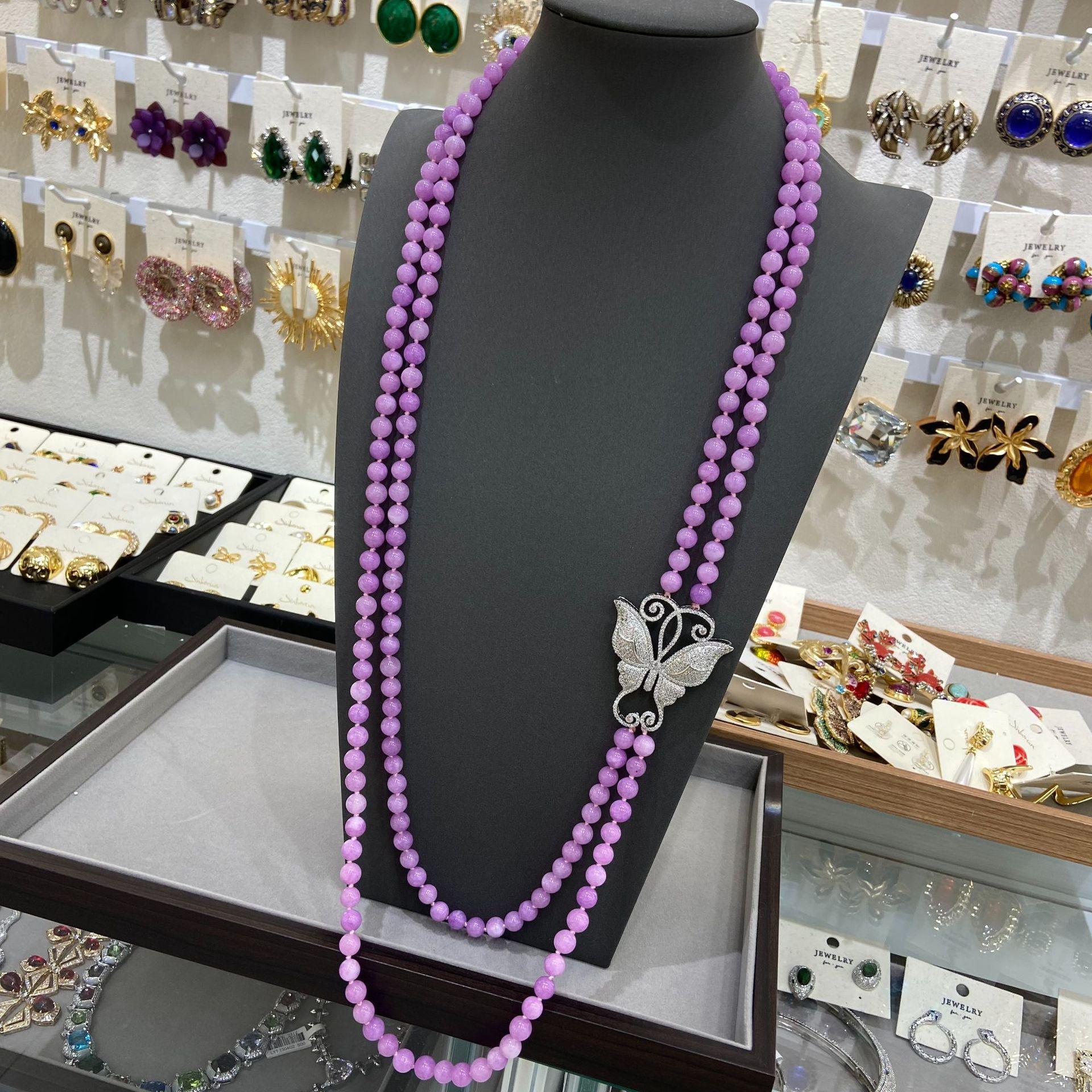 

Jewelry Temperament Elegant 8M Purple Chalcedony Double-Layer Sweater Chain Long Necklace Butterfly Accessories