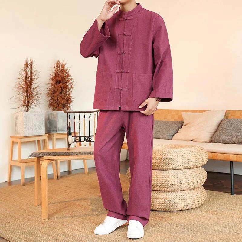 Chinese Style Cotton Linen Men Two Piece Set Men Mandarin Collar Frog Button Tang Suits Loose Casual Breathable Autumn Outfit