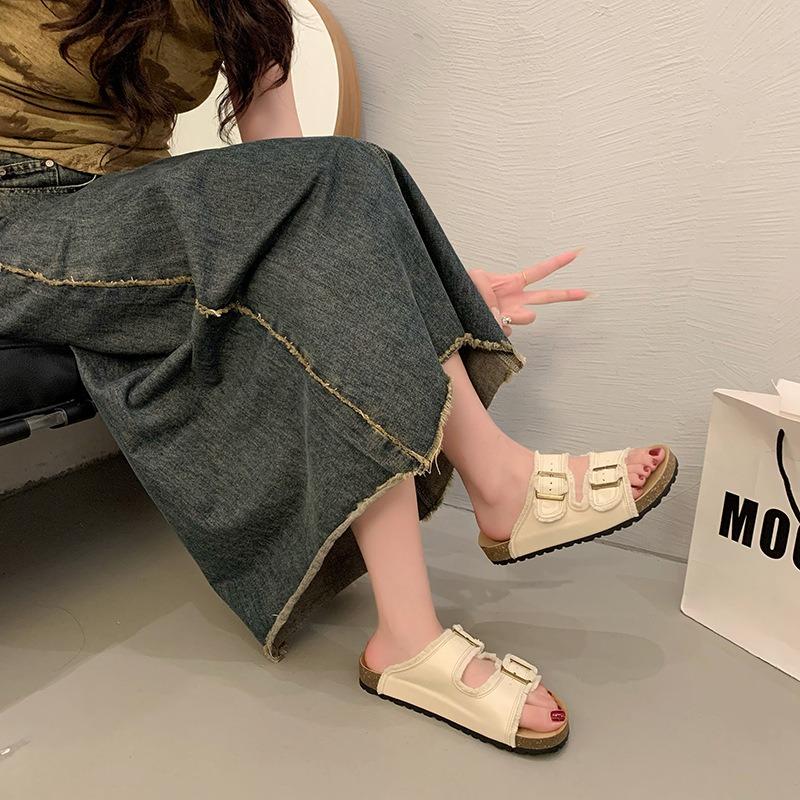 Fashion buckle one-word drag women's summer new versatile cool slippers lightweight muffin slippers