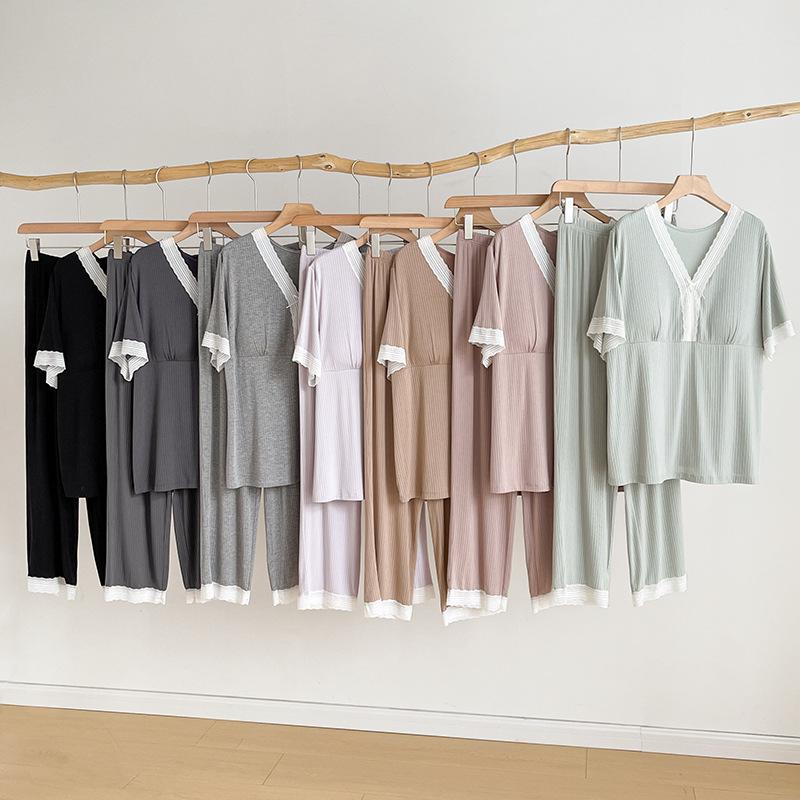 Women's Three-Piece Pajama Set: Short Sleeve, Long Pants, Shorts - No Bra Needed, Casual Summer Loungewear