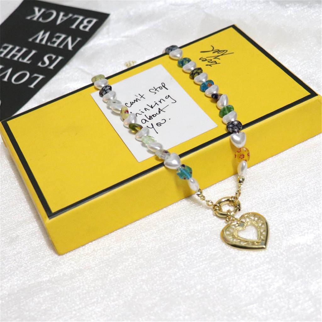 Tooxika Skeleton Love Heart Pearl Lurex Small Flower Necklace Niche Beading Personality Temperament Collarbone Chain
