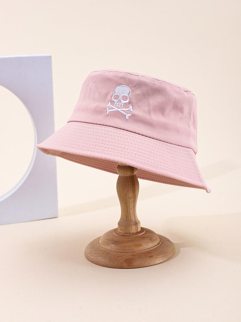 Unisex Black Embroidered Skull Fisherman Hat Korean Style Simple Single-Sided Bucket Hat for Women And Men Foldable Streetwear