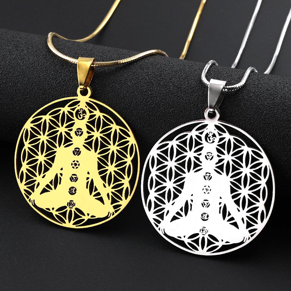 Buddhism Meditation Yoga Flower of Life 7 Chakras Pendant Necklace Stainless Steel Buddhist Sacred Geometry Reiki Chain Jewelry