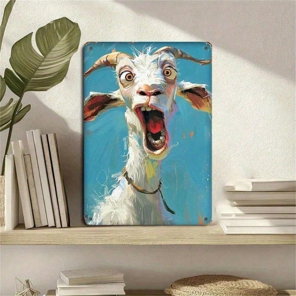 1PC 2D Flat Metal Tin Sign, Funny Screaming Goat Portrait Wall Art, Whimsical Blue Background Animal Poster, Rustic Farmhouse Decor