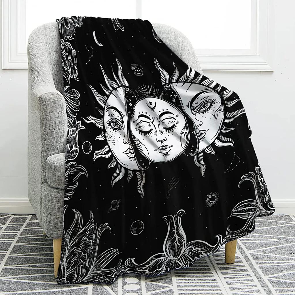 Sun Moon Blanket Stars Space Psychedelic Black and White Print Throw Blanket for Couch Bed Sofa Travel Camping for Kids Adults