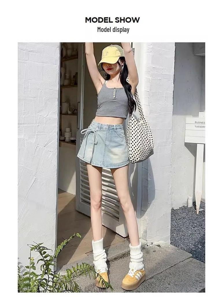 Petite Women's High-Waisted A-Line Denim Skirt with Irregular Tie and Faux Two-Piece Design