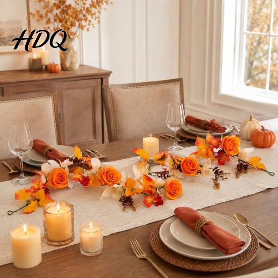 Fall Harvest Decorations 180cm Artificial Vine Hanging Door Wreath with Pumpkins Berries Maple Leaves Indoor