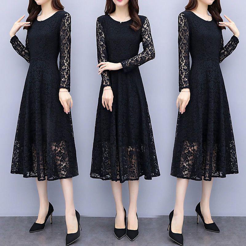 Women's Plus Size Black Lace A-line Long Skirt Dress - Spring/Summer 2026, New Style, Long Sleeve, Elegant Fit