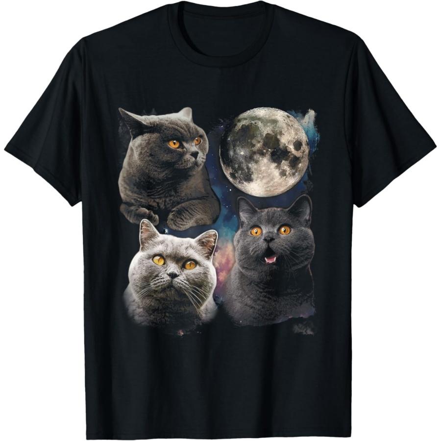 

Винтажная футболка с тремя британскими короткошерстными кошками, воющими на луну, для мужчин, женщин и детей XXXXXL чёрный