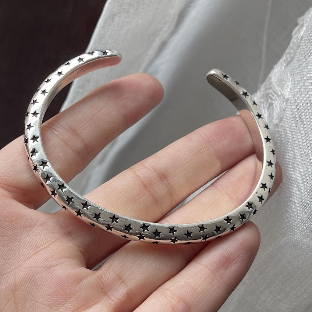100% Solid 925 Sterling Silver Retro Bracelet for Women Men Vintage Handmade Black Star Bracelet Birthday Gift