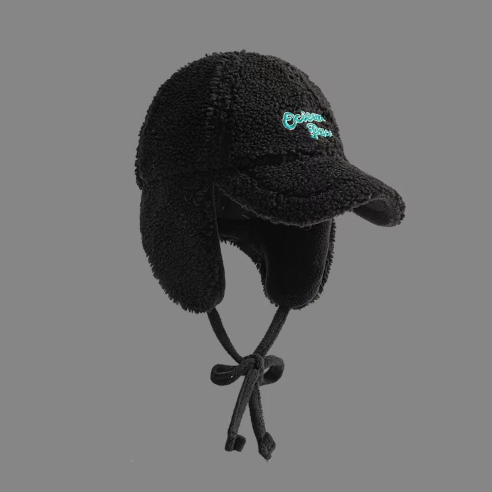 

Утепленная зимняя бейсболка с ушками и козырьком, шапка из овечьей шерсти, модная теплая шапка-авиатор, для занятий спортом на открытом воздухе чёрный