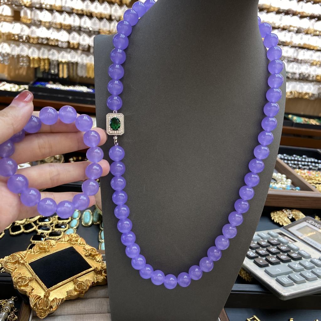Medieval Vintage Fashion Design Bingbing Same Emperor 12M Violet Bead Agate Necklace Bracelet Set