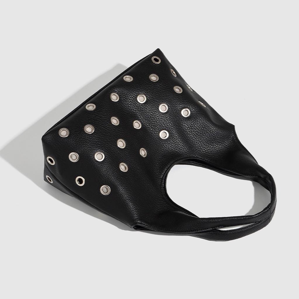 Punk Rivet Women Shoulder Bag Soft PU Leather Tote Bags for Women Handbag Half Moon Hollow Studded Shopper Tote Bucket Bags