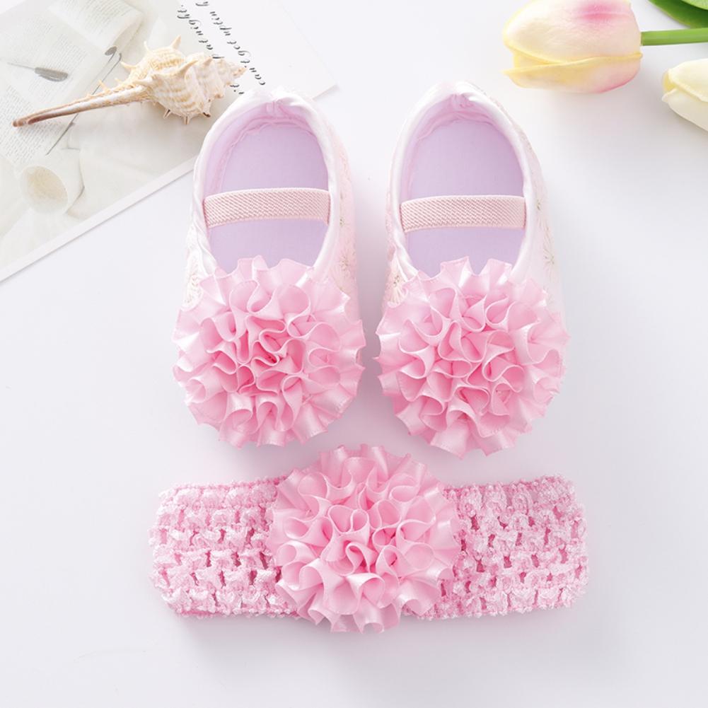 Newborn Baby Shoes Girls Flower Shoes Toddler Prewalker Cute Baby Soft Shoes For 0-12M Children With Hair Band