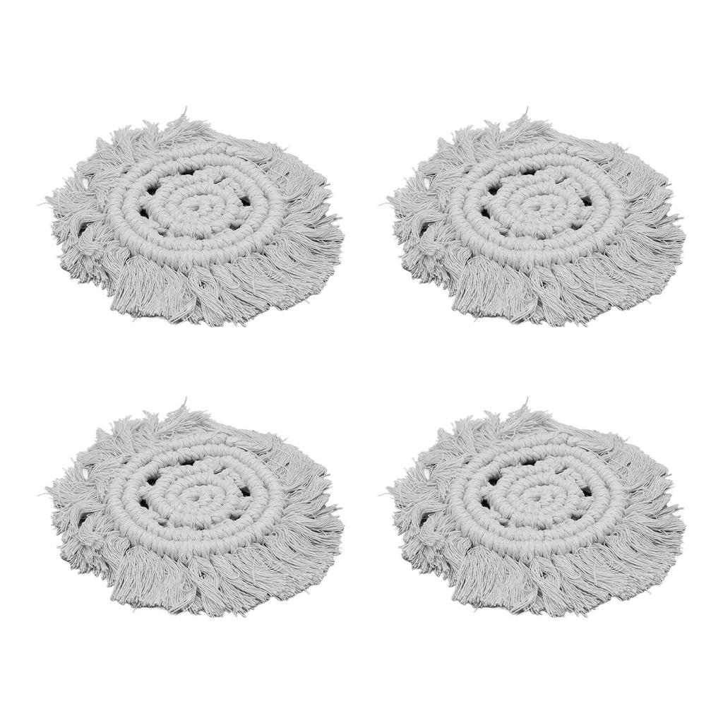 4pcs Cotton Thread Woven Drink Coasters with Tassel Round Pure Color Elegant Lipstick Pot Pads Mats