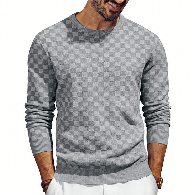 

Men s Grey Checkerboard Print Crew Neck Autumn Knit Sweater XXXL сірий