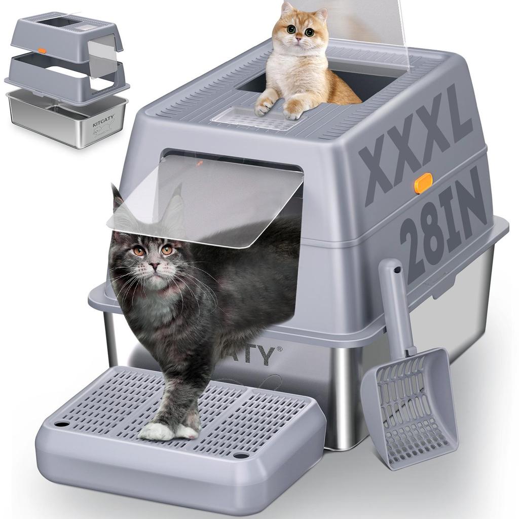 Stainless Steel Cat Litter Box with Anti-Splash Top-Entry Lid, Sizes S-XXXL.