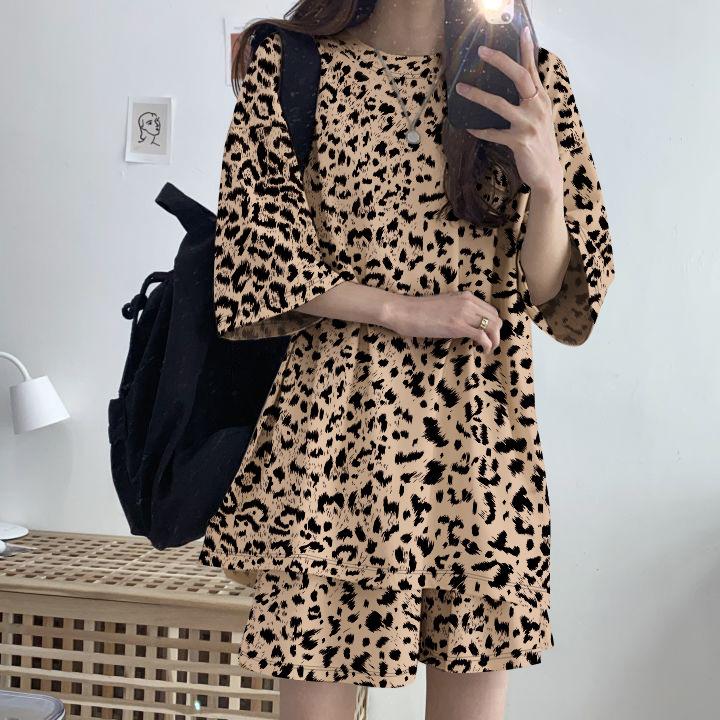 Women's Leopard Print Short Sleeve Top & Bermuda Shorts 2 Piece Tracksuit Plus Size Korean Casual Loungewear Set 2026 Summer Four Seasons Pajamas